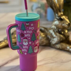 Festive Pink Travel Mug with Straw
